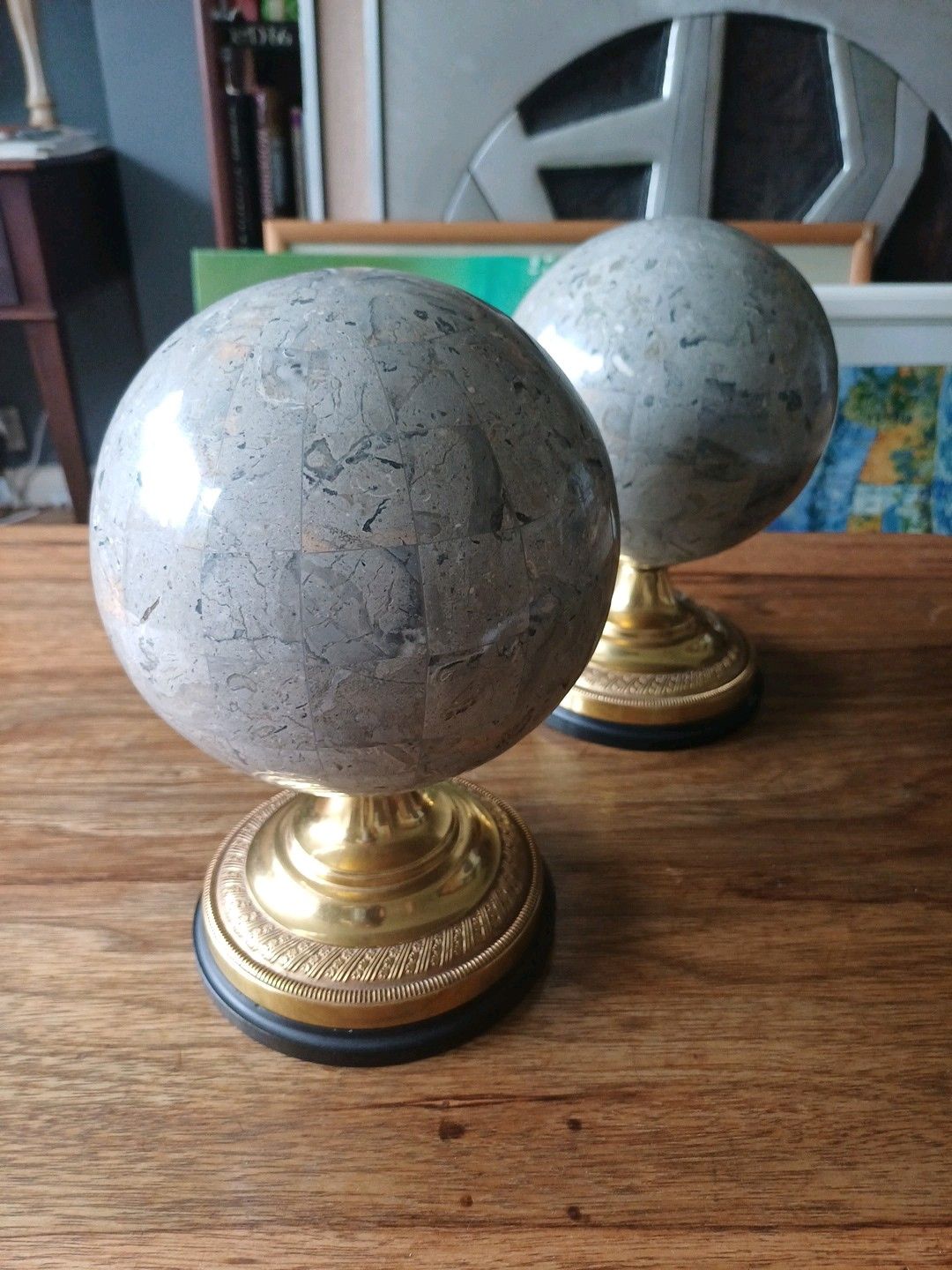 photo for sale Rare Pair Anthony Redmile Globes  Castellated Polished Stone And Signed