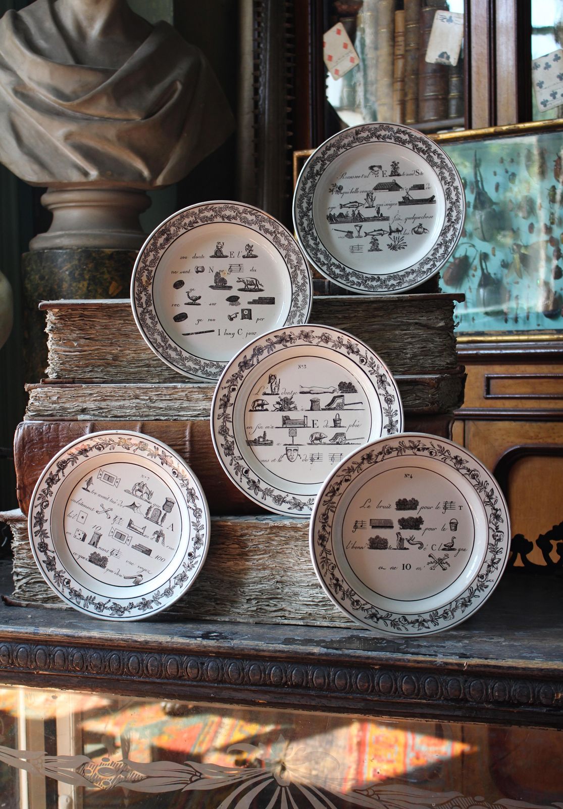 19th Century Collection Of Five French Rebus Riddle Puzzle Game Plates photo furniture