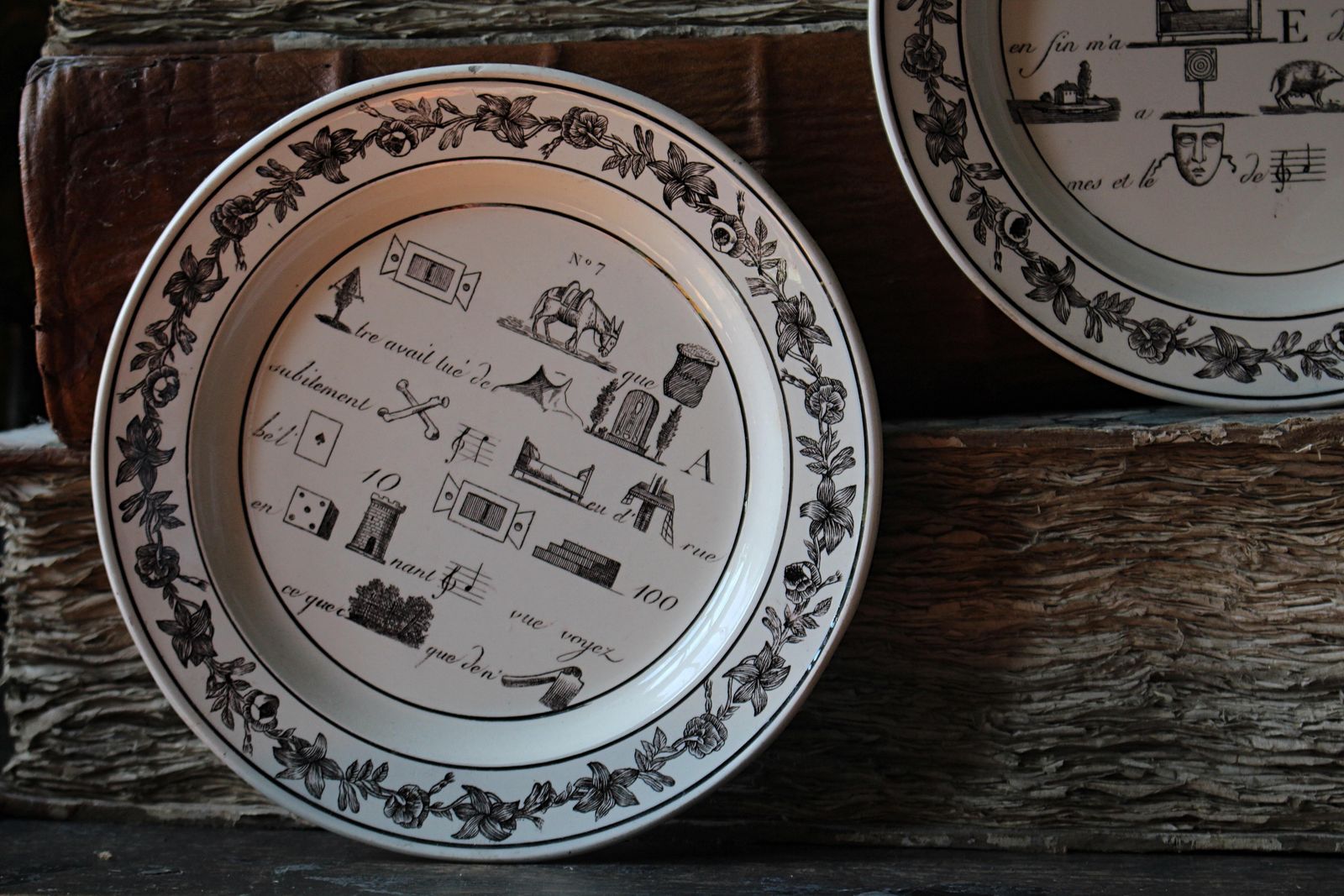19th Century Collection Of Five French Rebus Riddle Puzzle Game Plates photo buy