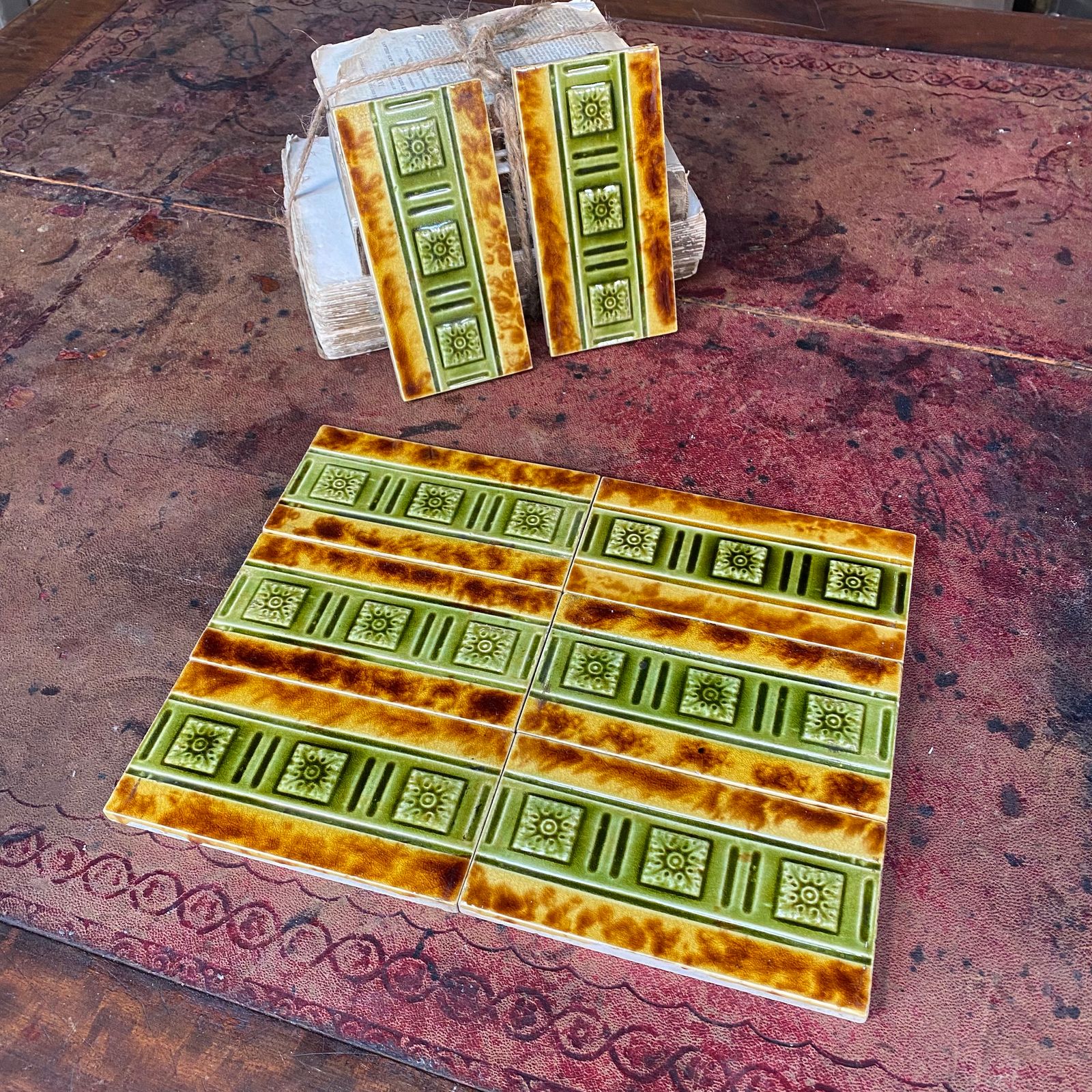 Antique Majolica Tin Plate Glazed Green Brown Embossed Metro Style Tile Set Of 8