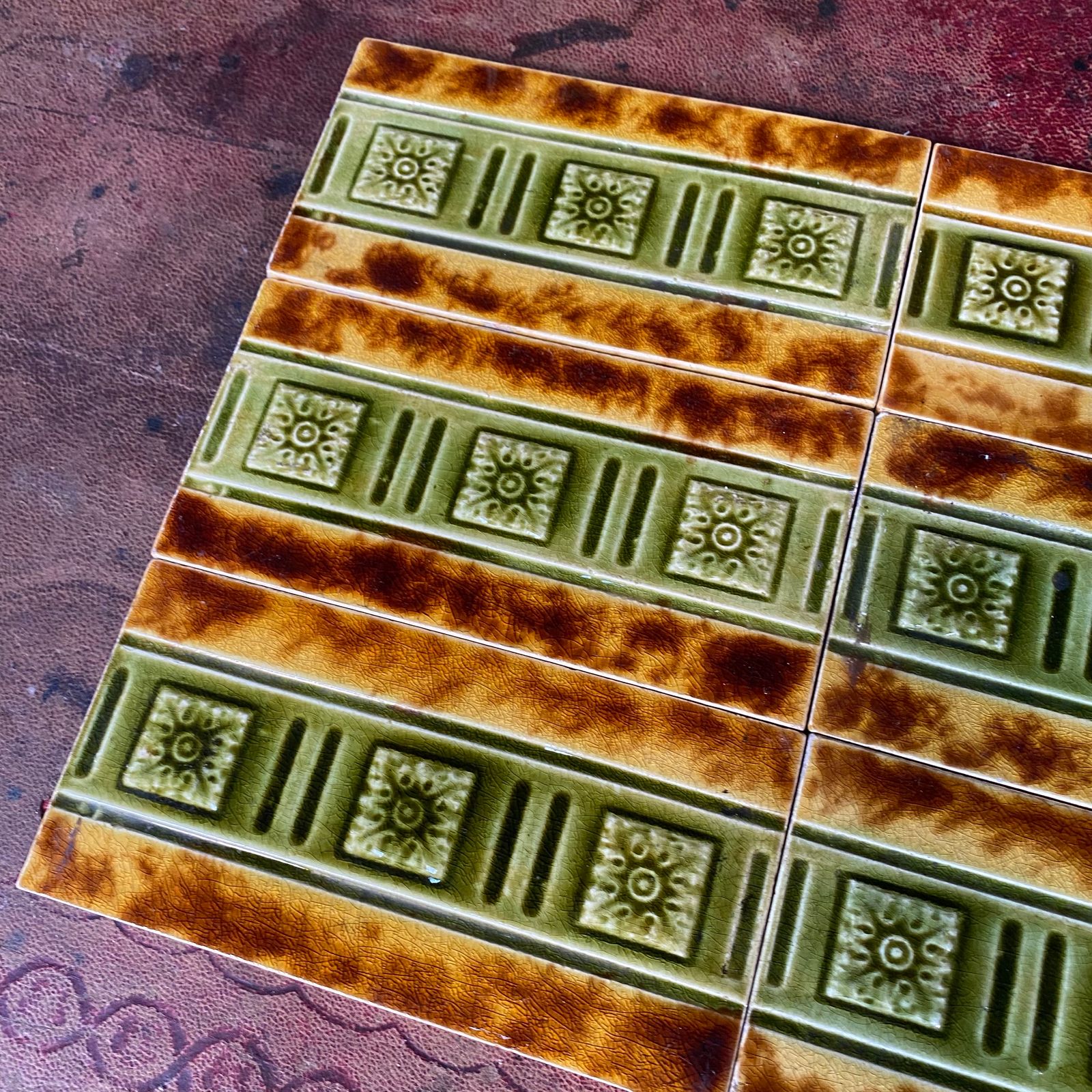 Antique Majolica Tin Plate Glazed Green Brown Embossed Metro Style Tile Set Of 8 photo furniture