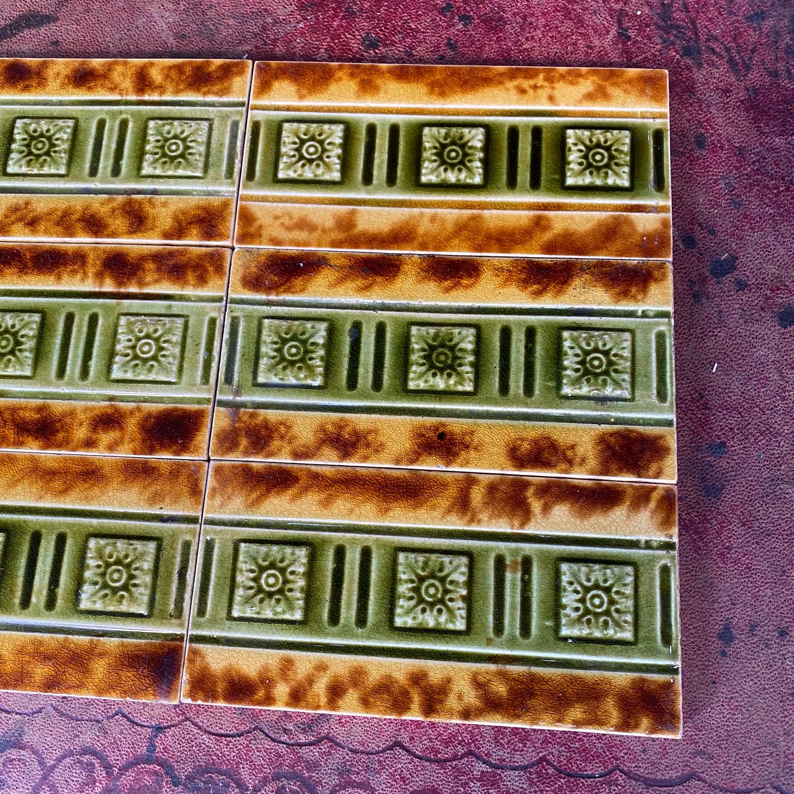 Antique Majolica Tin Plate Glazed Green Brown Embossed Metro Style Tile Set Of 8 photo Home Fixtures