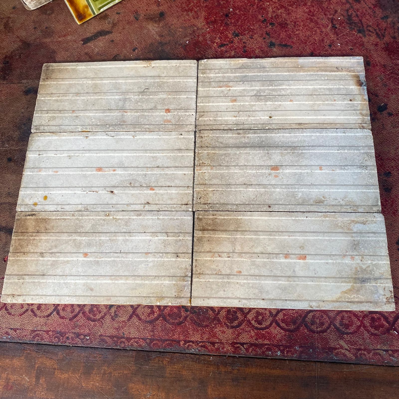 Antique Majolica Tin Plate Glazed Green Brown Embossed Metro Style Tile Set Of 8 photo buy