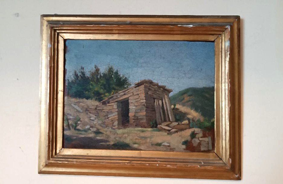 Oil On Cardboard Landscape Painting, Antique Frame From The Early 1900s