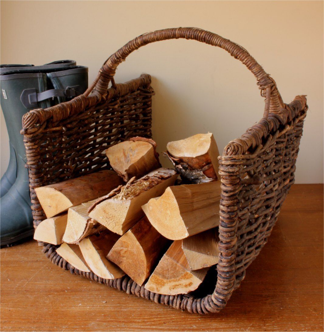 Large Rustic Open End Wooden Log Bin. Hand Woven French Harvest Basket.