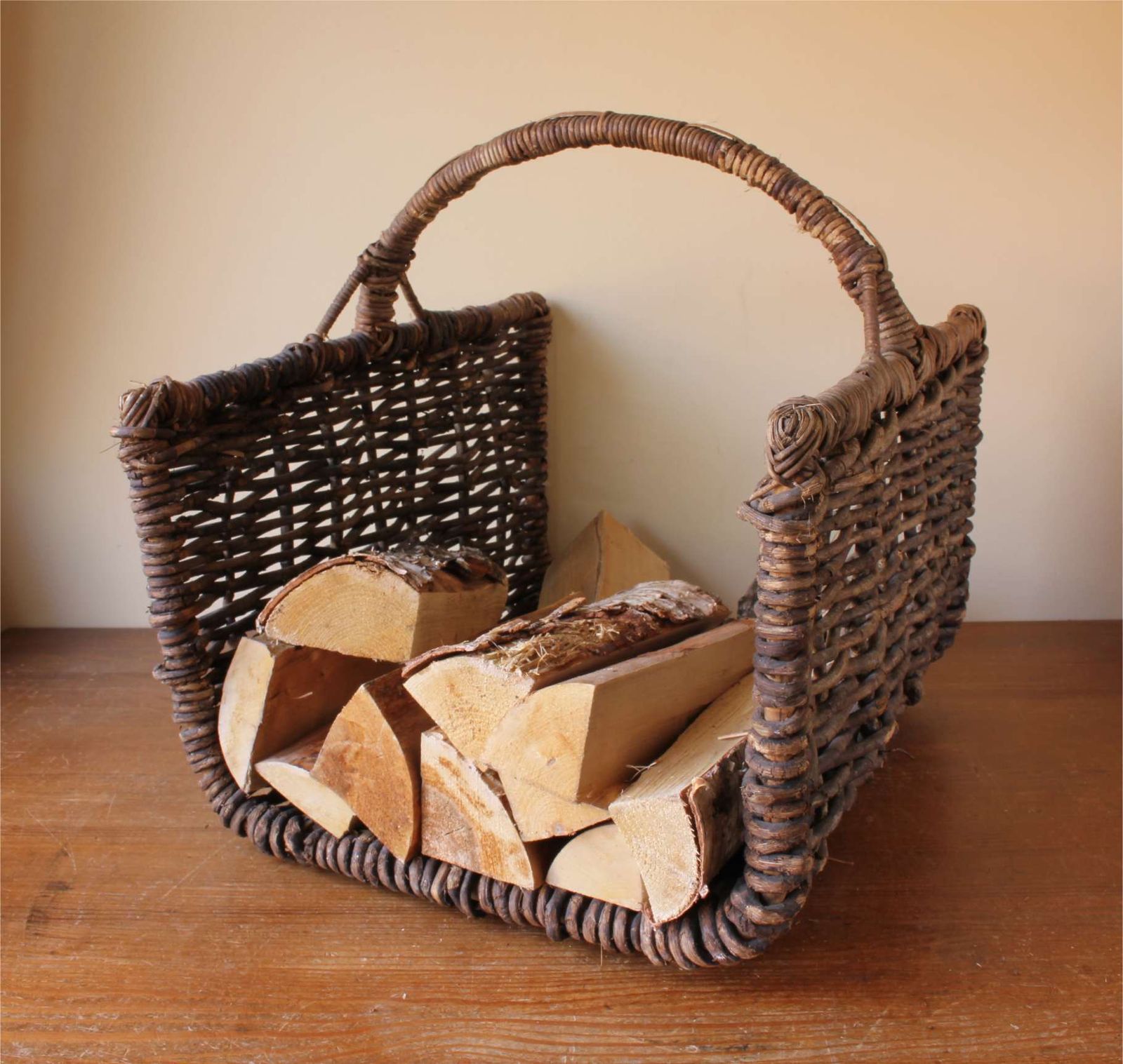 Large Rustic Open End Wooden Log Bin. Hand Woven French Harvest Basket. photo furniture