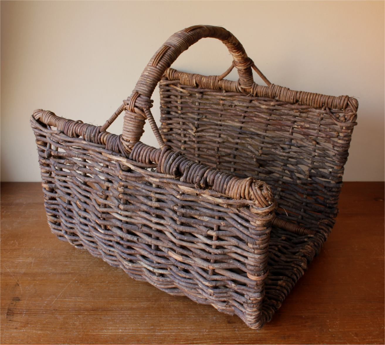 Large Rustic Open End Wooden Log Bin. Hand Woven French Harvest Basket. photo 595.0