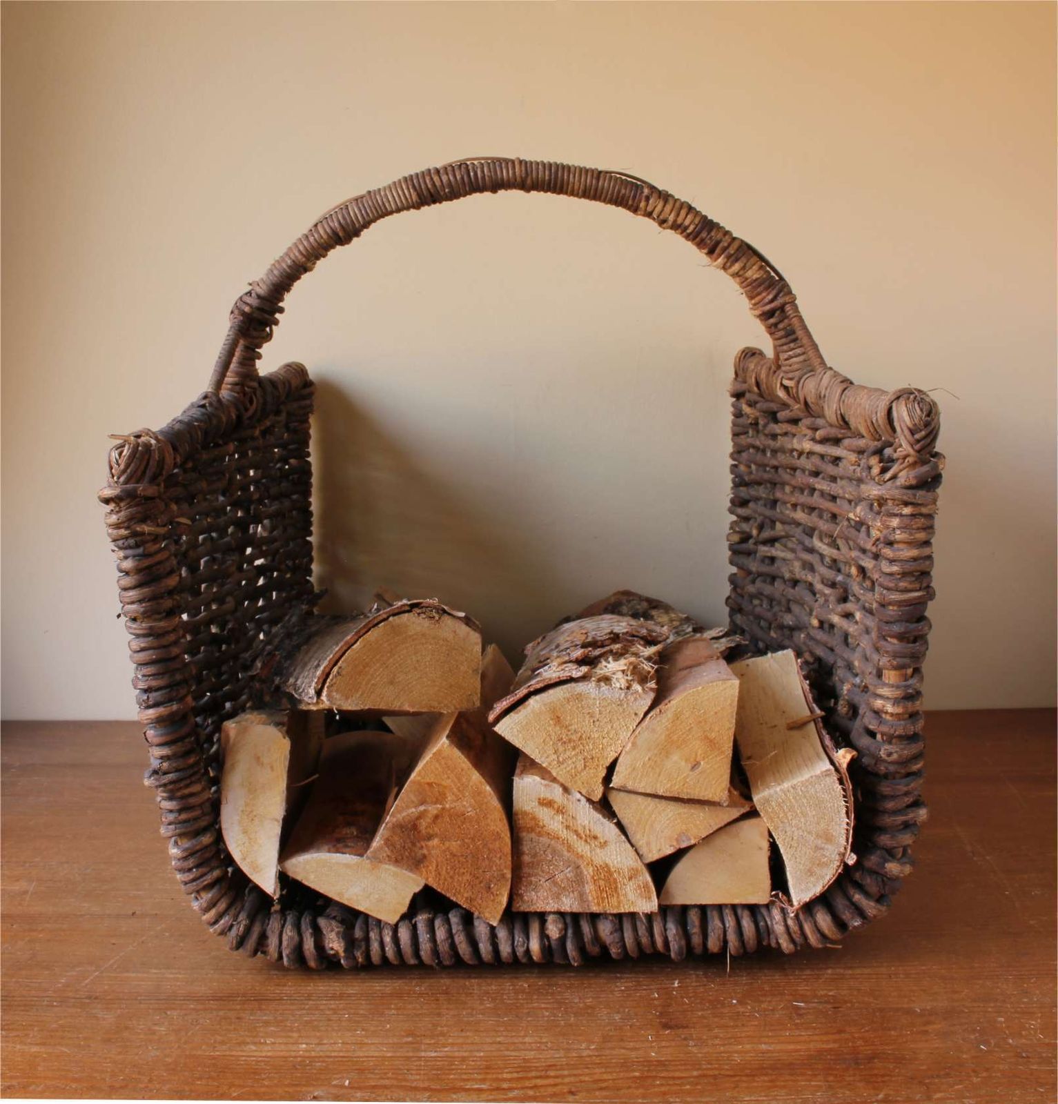 Large Rustic Open End Wooden Log Bin. Hand Woven French Harvest Basket. photo vintage