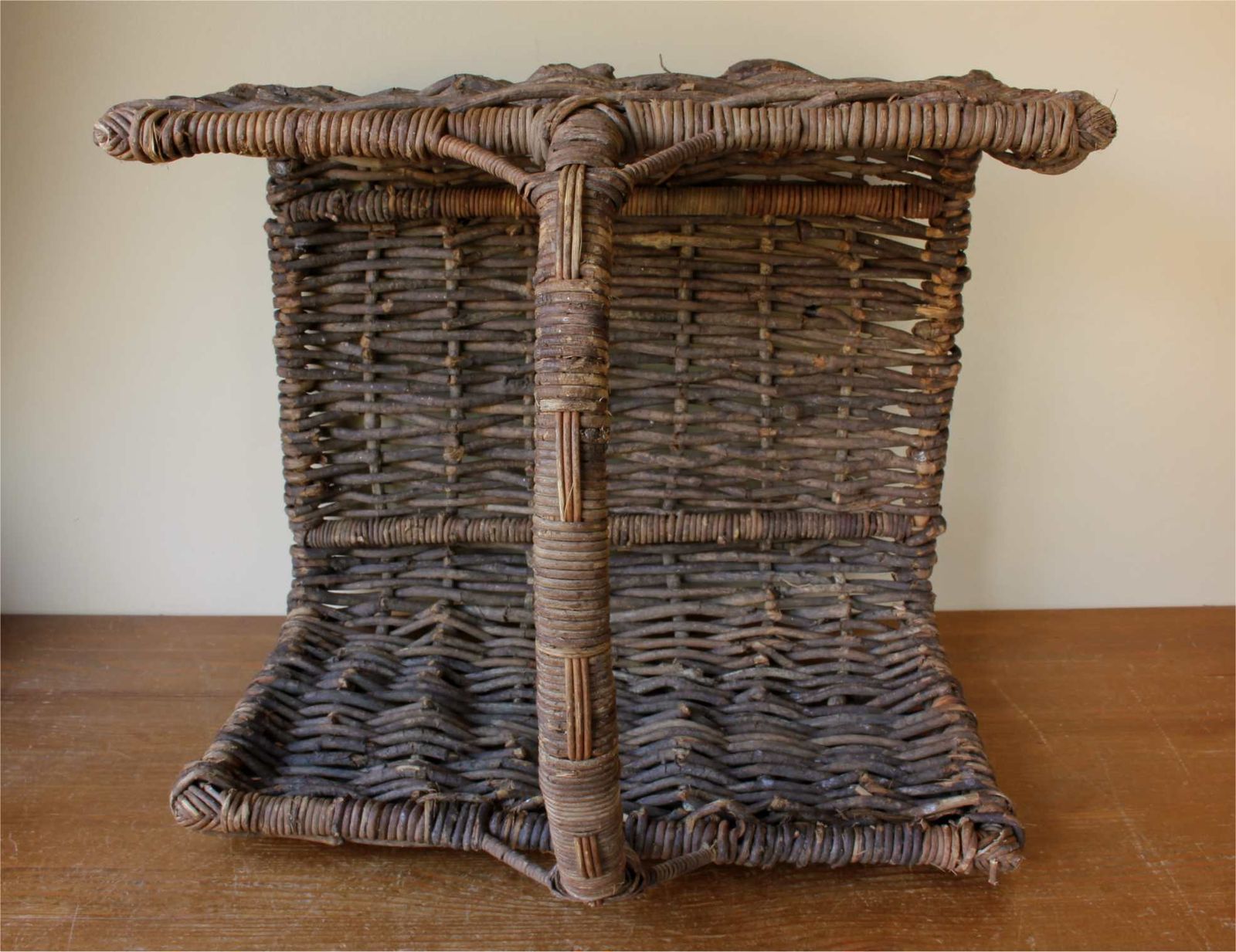 photo furniture Large Rustic Open End Wooden Log Bin. Hand Woven French Harvest Basket.