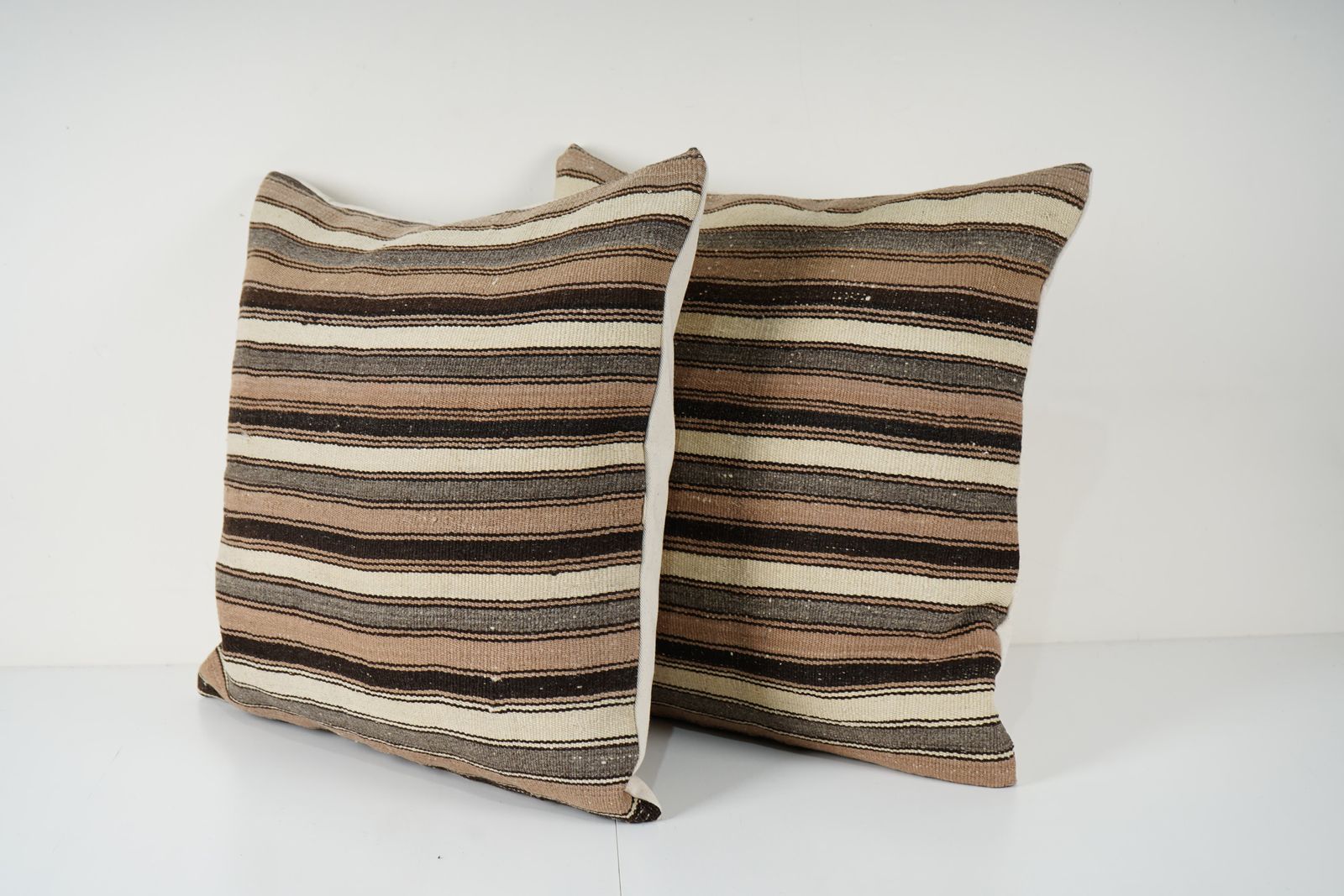 Turkish Hemp Kilim Pillow Cover, Set Of Two White Striped Anatolian Cushion Cover, Pair Organic Tribal Pillowcase photo for sale