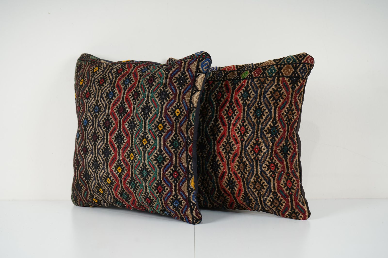 Black Cicim Pillow Cover   Set Of Two Wool Turkish Jajim Cushion Case photo for sale