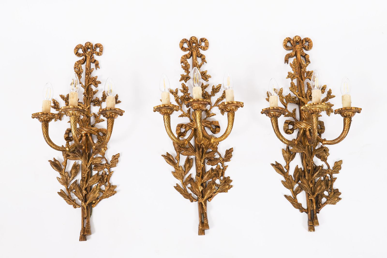Antique Set Of 6 French Louis Revival 3 Branch Ormolu Wall Lights  20th C photo for sale