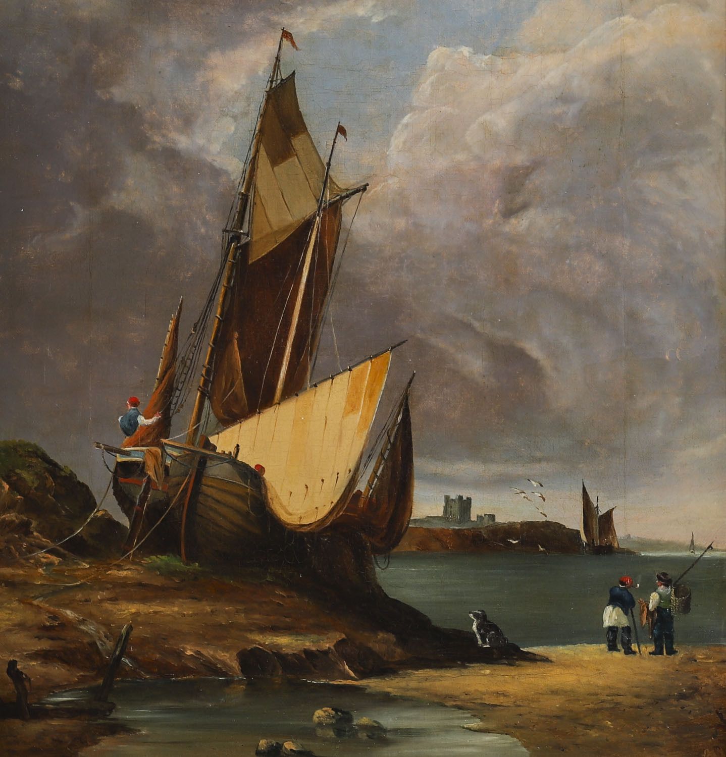 photo for sale Antique Pair Of Coastal Scene Maritime Oil Paintings  19th Century