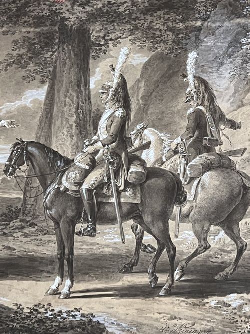 Vincenz Georg Kininger  (1767 1851)   Ink On Paper Drawing Of Four French Cavalrymen C.1810 photo Art