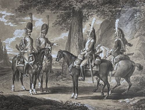 Vincenz Georg Kininger  (1767 1851)   Ink On Paper Drawing Of Four French Cavalrymen C.1810 photo 1640.0