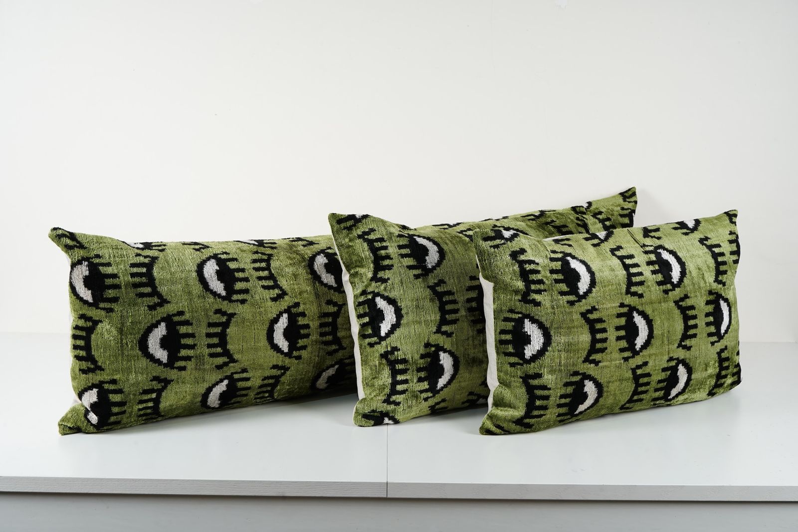 Green Silk Ikat Velvet Eye Bench Pillow Case   Set Of Three Evil Eye Boho Bedding Cushion Cover photo furniture