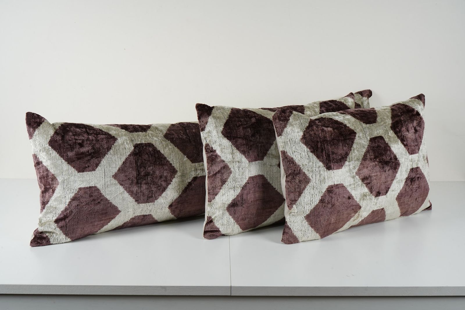 Ikat Velvet Bedding Pillow Covers, Set Of Three Plum And Light Grey Throw photo for sale