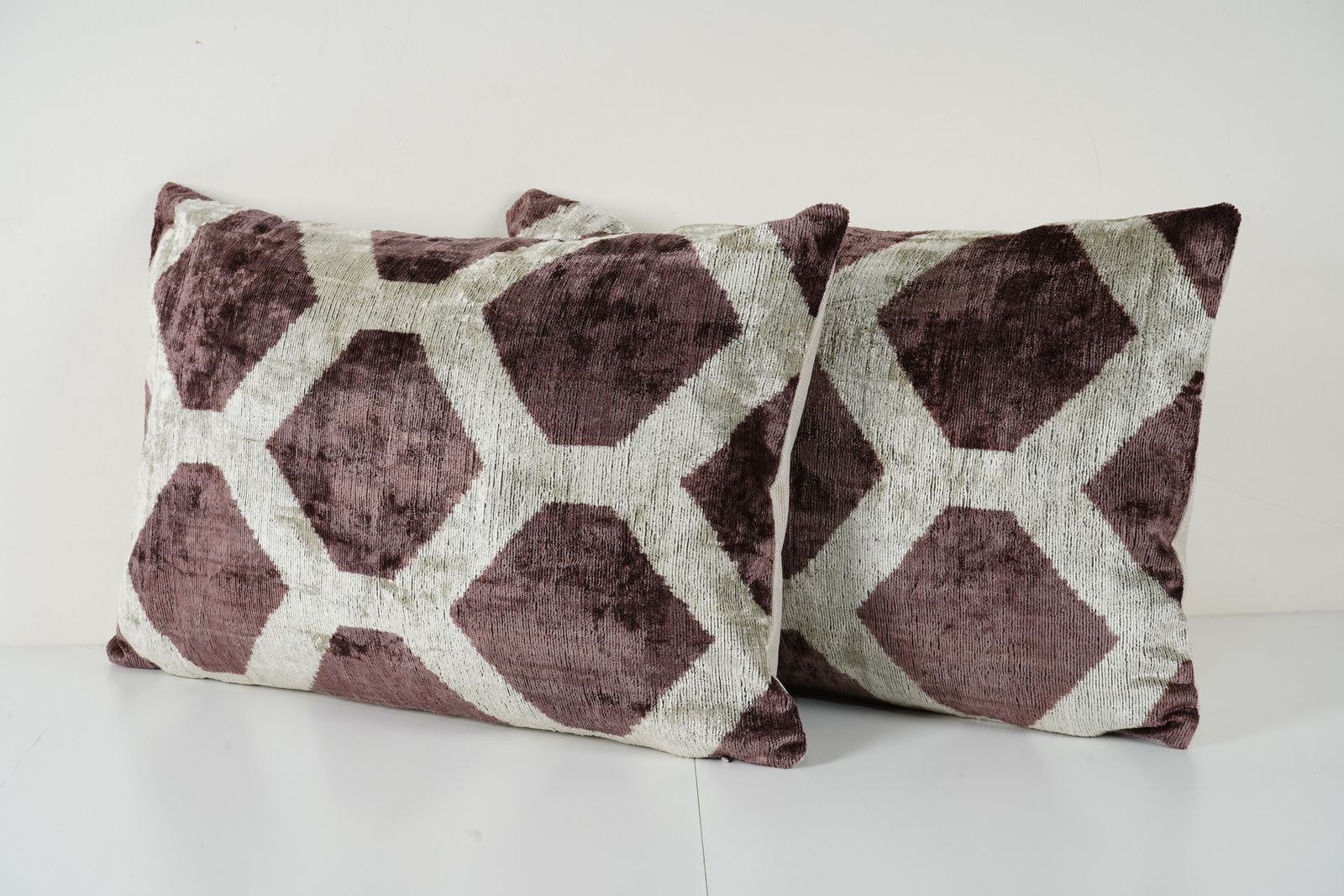 Plum & Light Grey Ikat Velvet Pillow Covers, Set Of 2 Geometric Cushion Covers, Decorative Throw Pillows photo for sale