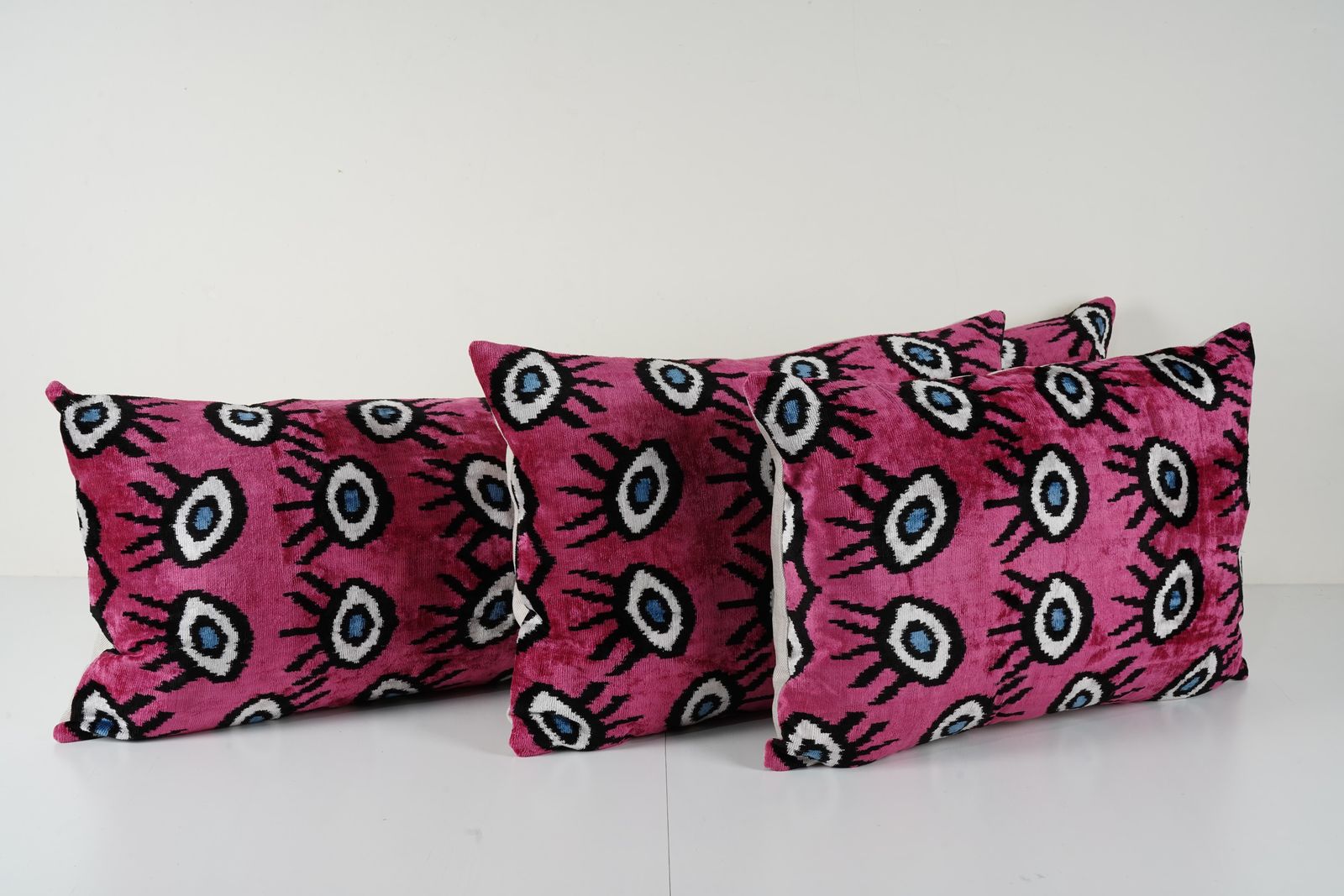 Ikat Eye Lumbar Pillow Cover   Pink Silk Ikat Velvet Pillowcase   Set Of Three photo Textiles