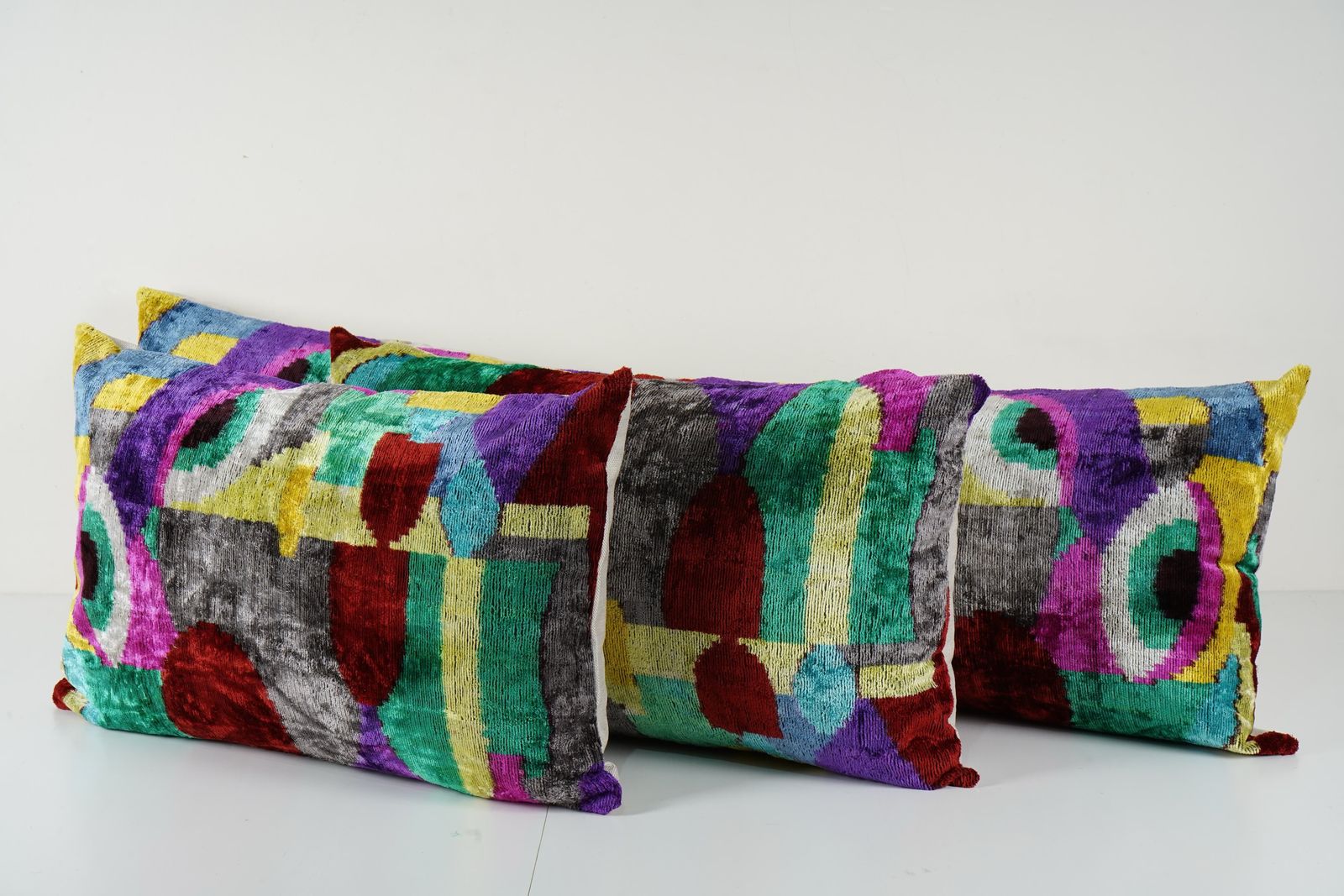 Silk Ikat Velvet Pillow Case, Set Of Three Colourful Extraordinary Design Velvet Bench Cushion photo Textiles