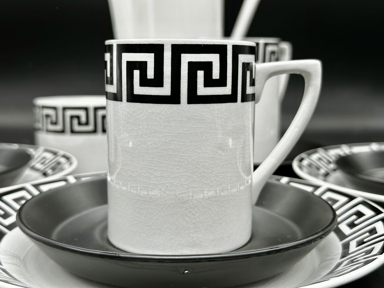 Portmeirion Susan Williams Ellis Greek Key Coffee Set. Black On White Ground. C.1962 photo vintage