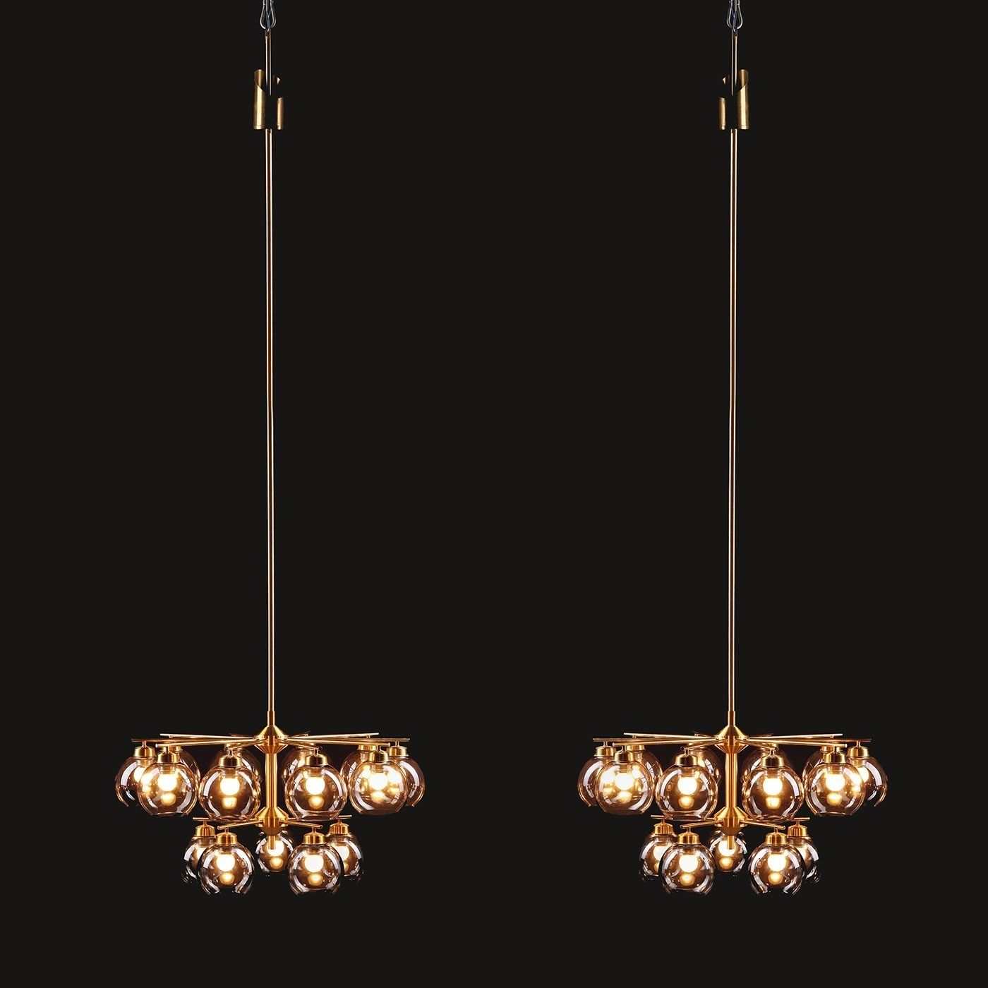 Holger Johansson Pair Of Large Chandeliers In Brass And Glass, 1960s