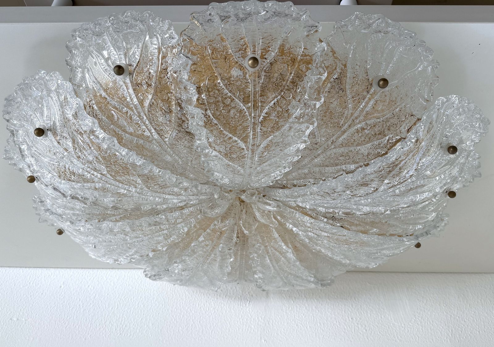 Italian Xl Midcentury Flush Mount Chandelier With Grit Murano Glass, 1970s photo buy