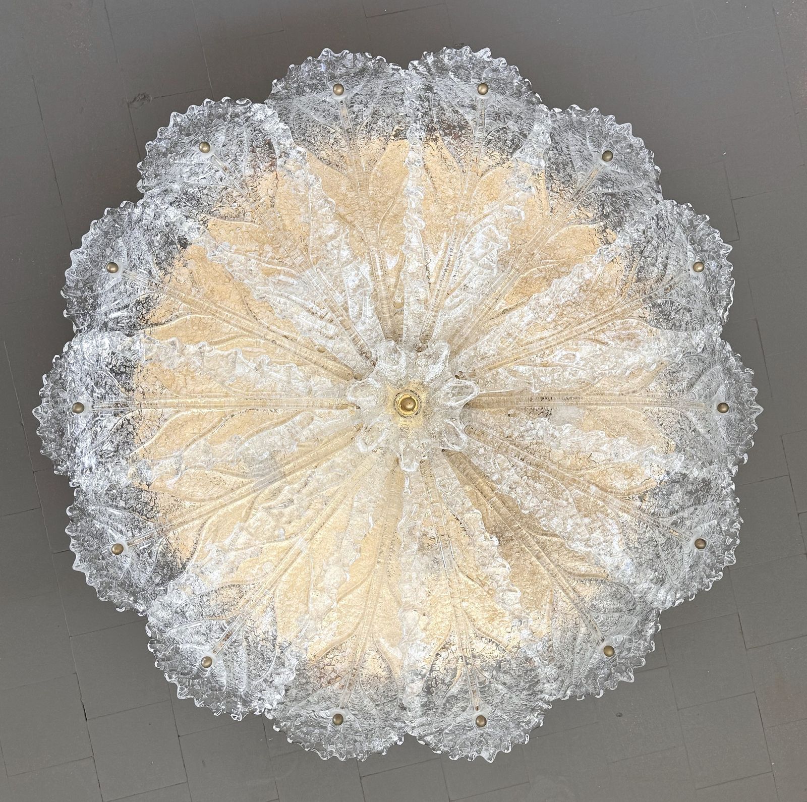 Italian Xl Midcentury Flush Mount Chandelier With Grit Murano Glass, 1970s photo vintage