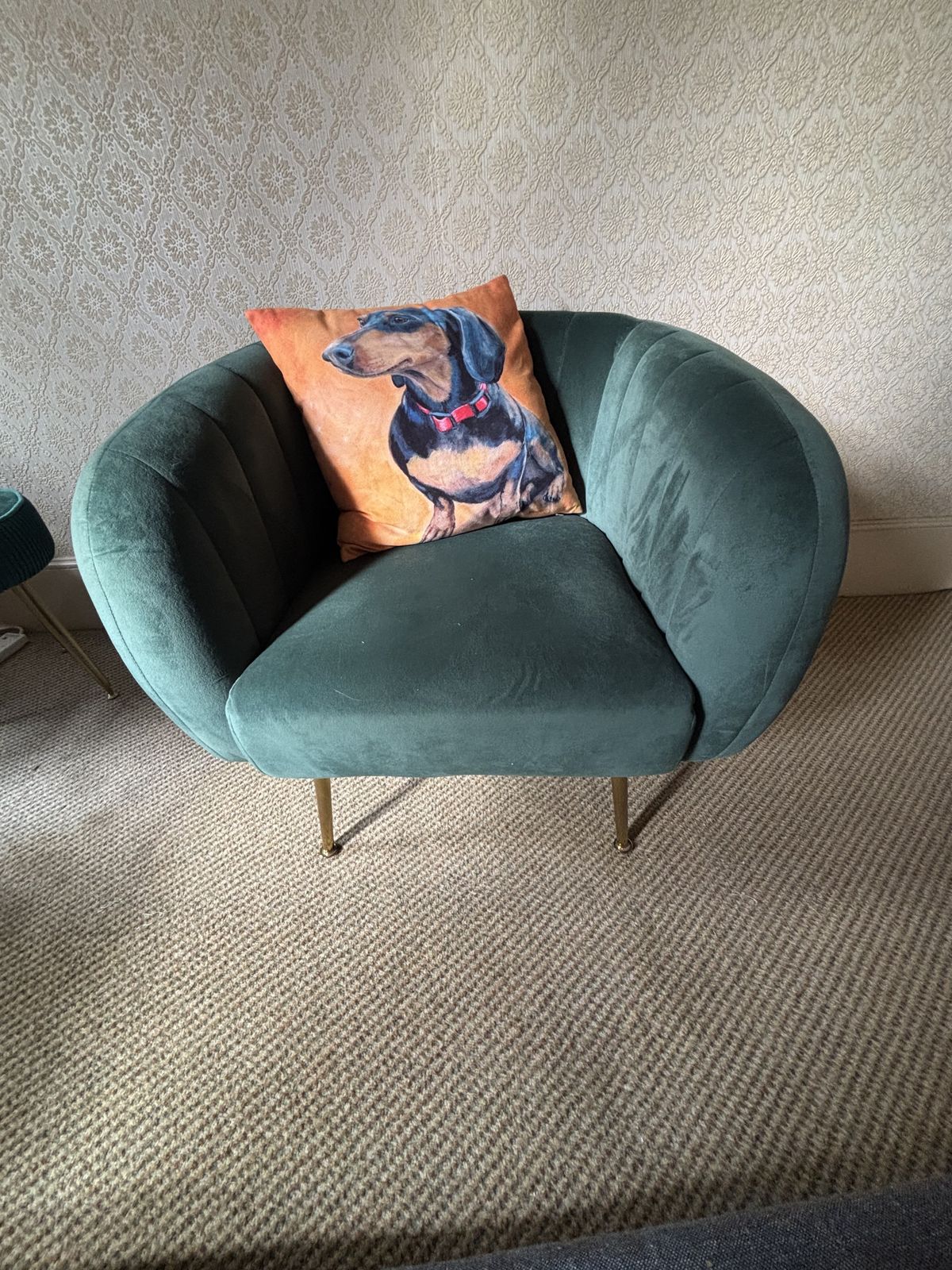 Modern Green Velvet Tub Armchair On Slender Gold Legs photo vinterior