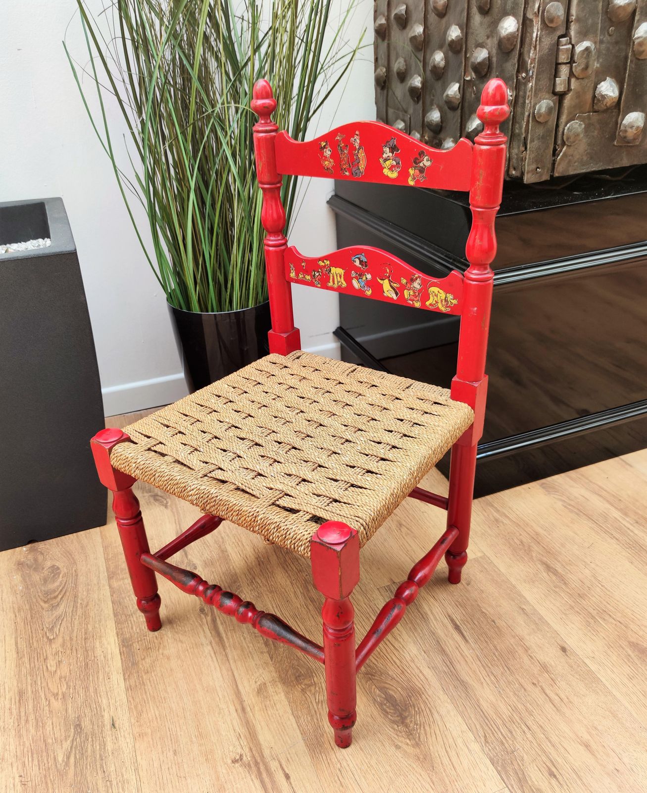 Italian Red Wood And Rope Rush Kids Children Chair With Disney Graphics photo for sale