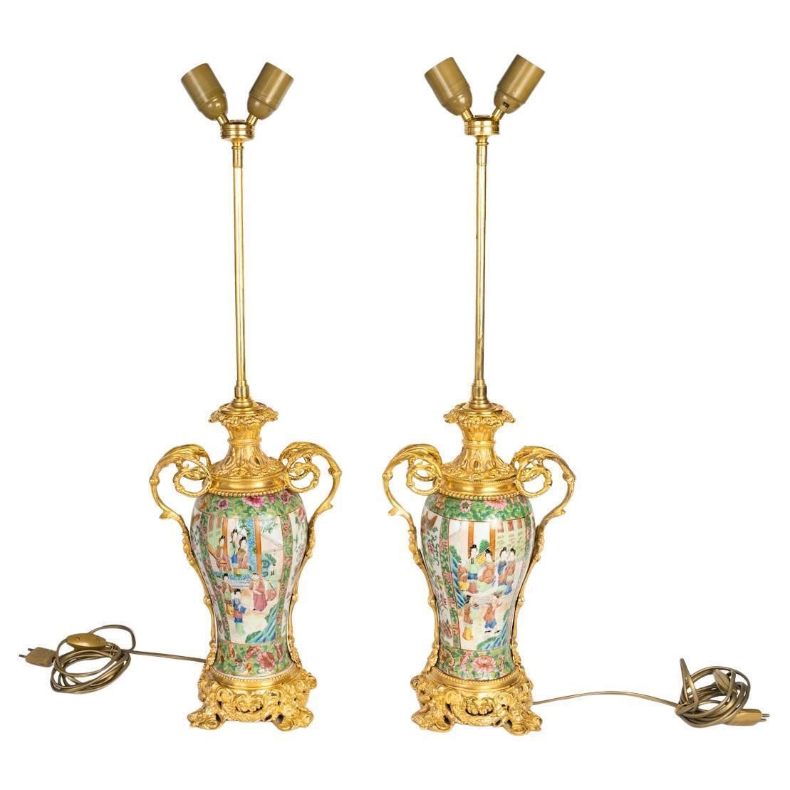 Pair Of 19th Century Canton Porcelain And Gilt Bronze Oil Lamps, Napoleon III.