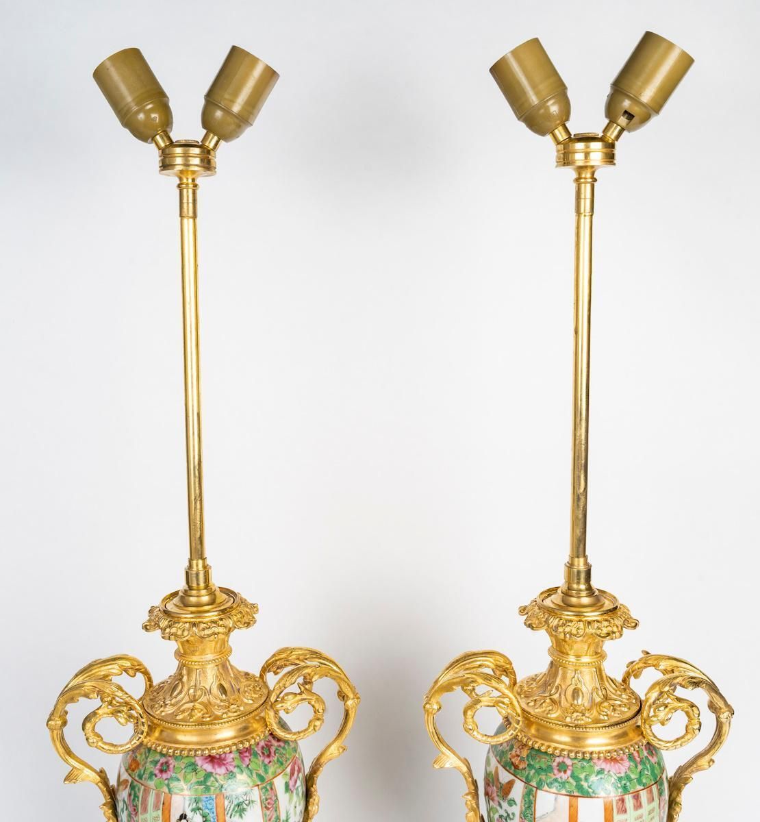 Pair Of 19th Century Canton Porcelain And Gilt Bronze Oil Lamps, Napoleon III. photo furniture