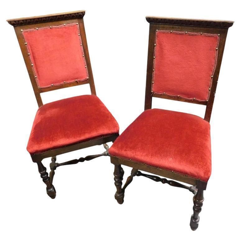Pair Of Chairs, Armchairs, Red Velvet And Walnut Carved, Italy