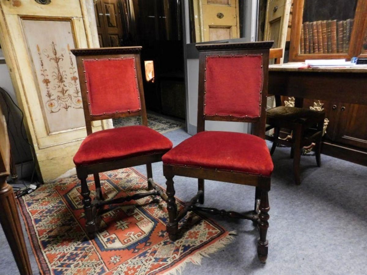 Pair Of Chairs, Armchairs, Red Velvet And Walnut Carved, Italy photo vintage