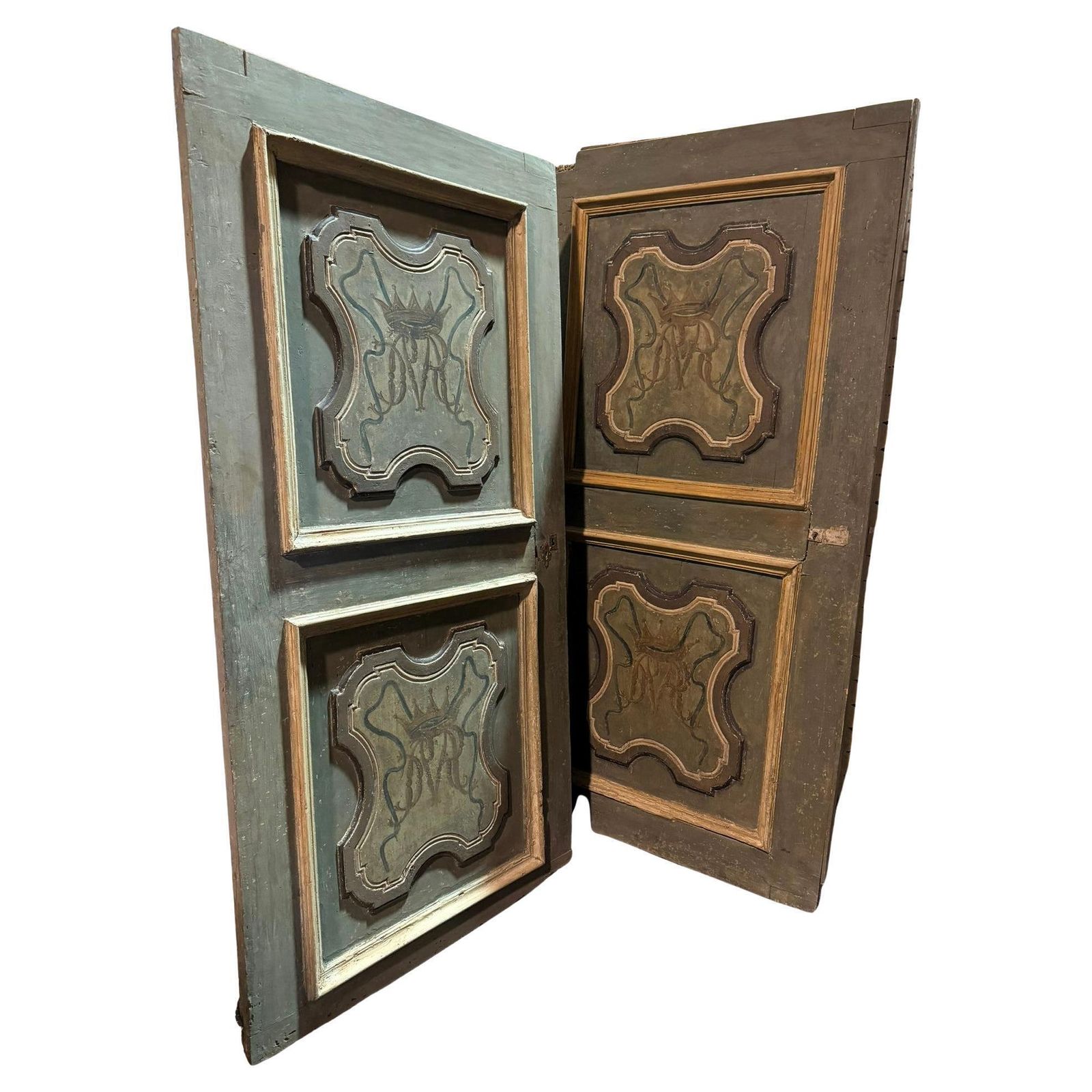 Set Of 2 Painted Wooden Doors, Green With Decorated Noble Initials, Italy