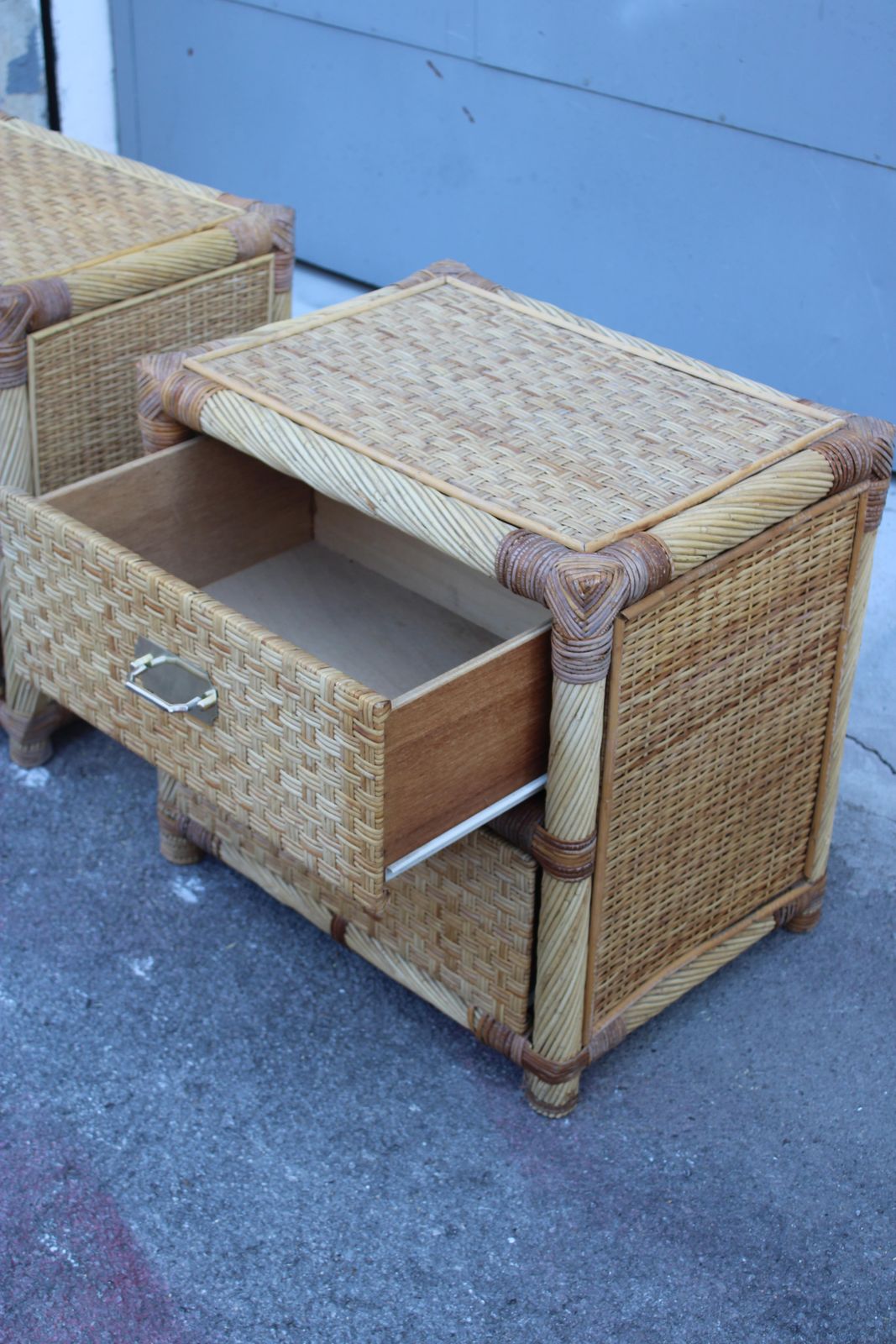 Pair Of Bedside Tables In Bamboo Wicker Italy 1970 Tommaso Barbi photo buy
