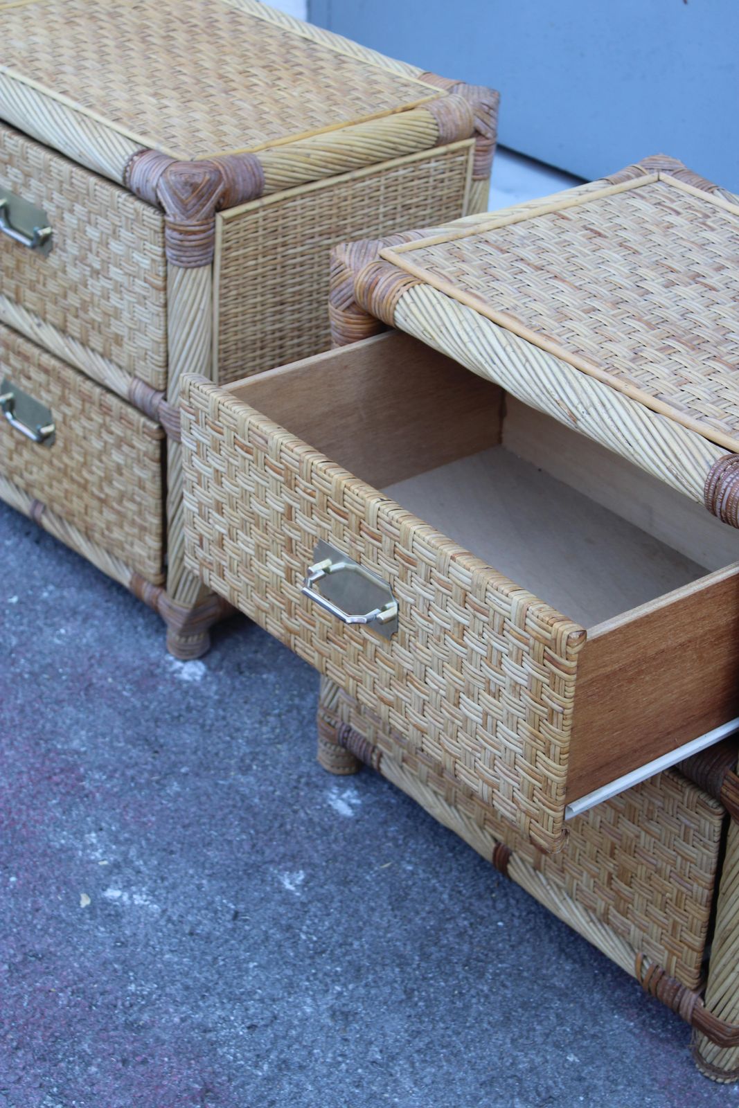 Pair Of Bedside Tables In Bamboo Wicker Italy 1970 Tommaso Barbi photo vintage