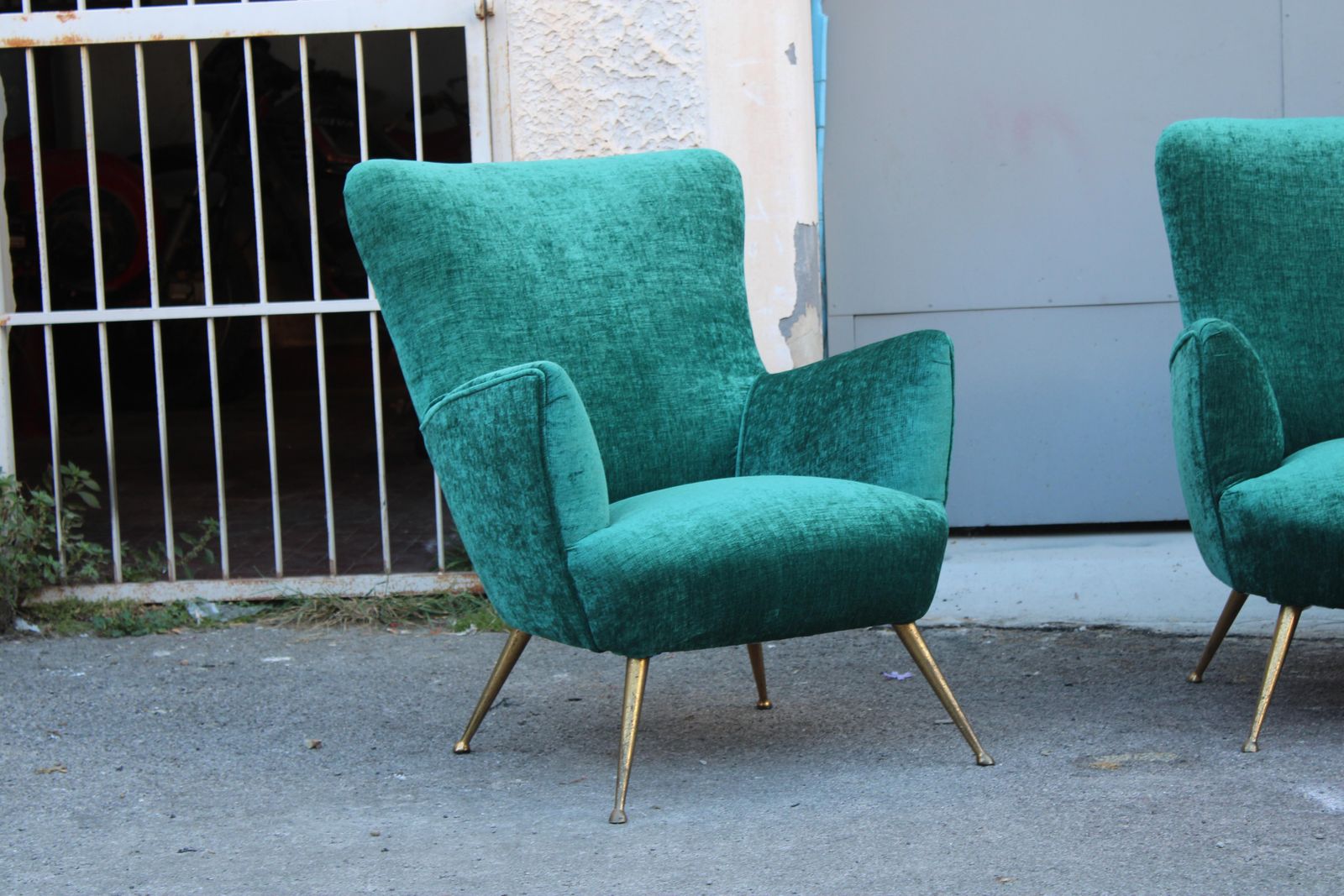 Sofa Set Italian Mid Centruy Armchairs Brass Feet Spiked Velvet Green photo 6881.0