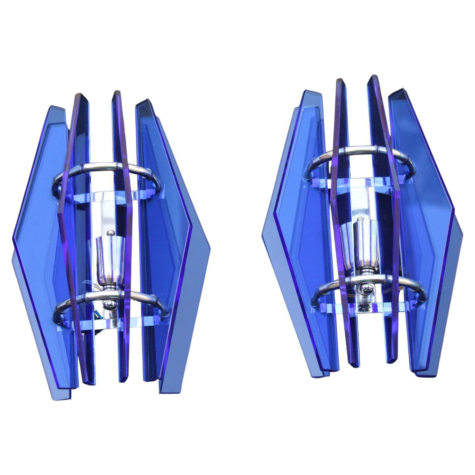 Pair Of Wall Lamps In Blue Crystal Cobled Veca Design 1960s