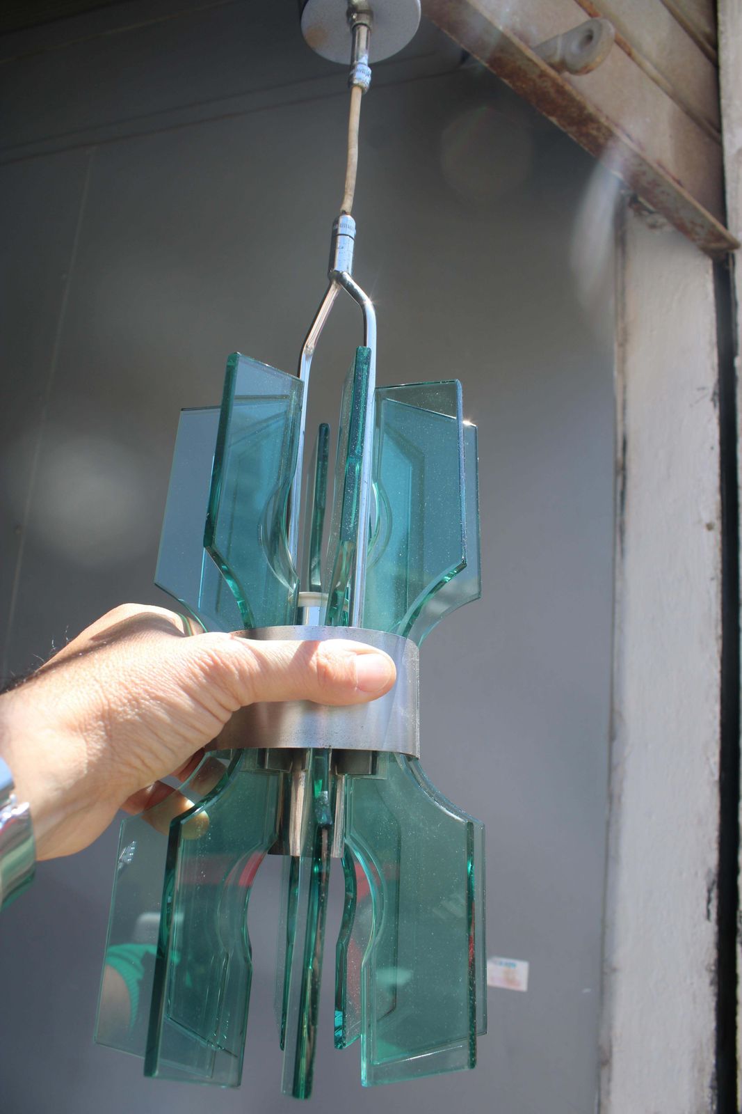 Minimal Small Chandelier Veca In Crystal Green Color 1960 Italy photo buy