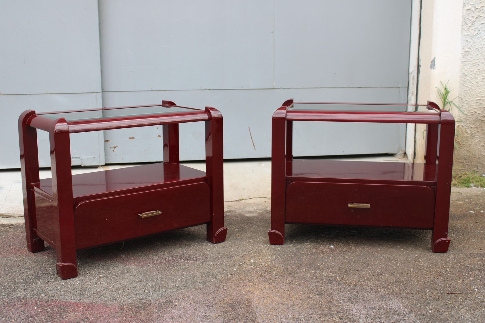 Pair Of Red Lacquer Nightstands With Drawers And Glass Top 1970 Italy photo furniture