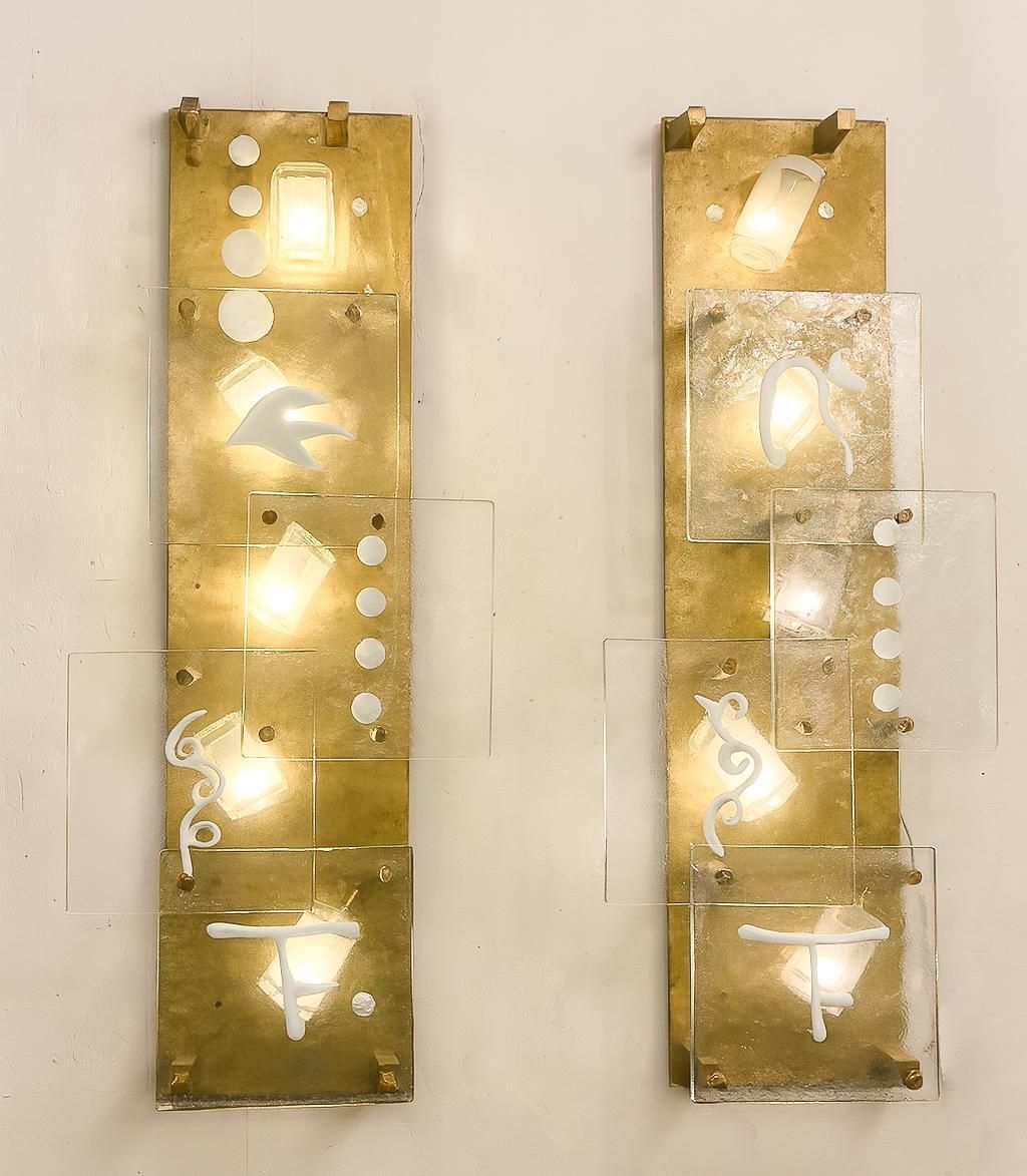 Mid Century Modern Pair Of Wall Lights, Glass And Brass, Italy photo furniture