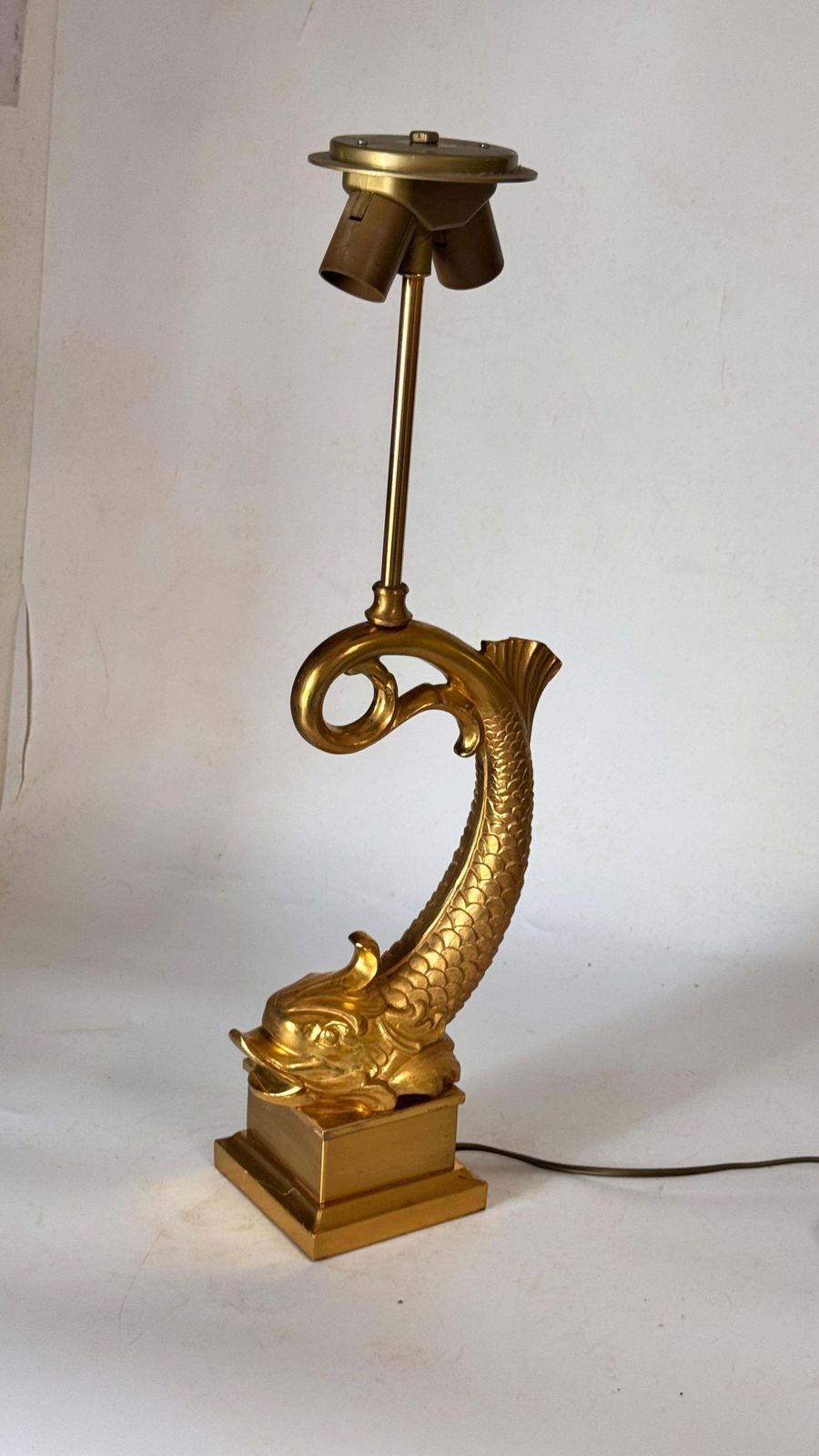 Large French Brass & Gilt Metal Fish Table Lamp – 1970s photo Lighting