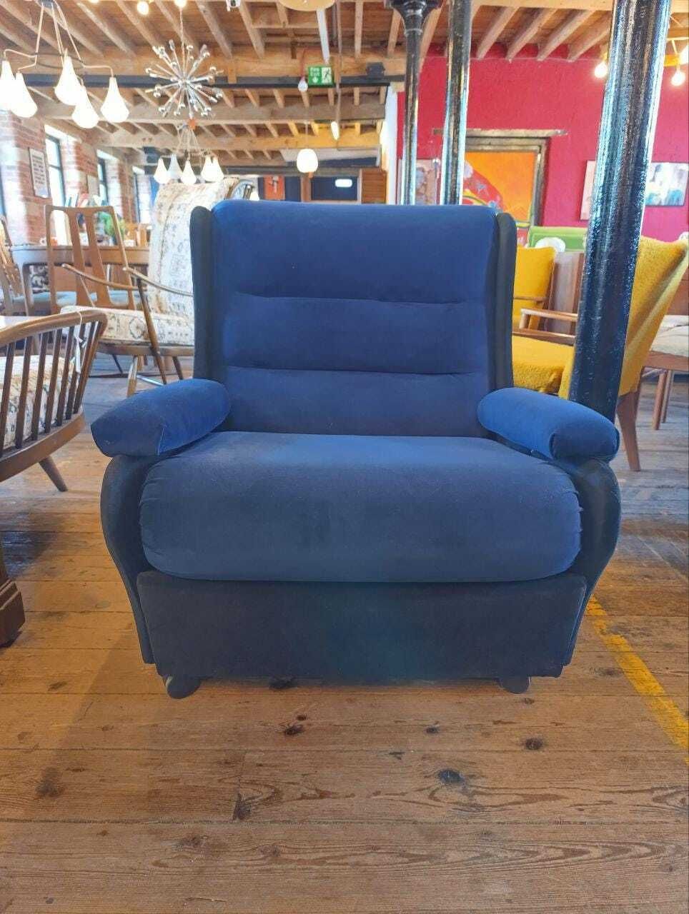 photo for sale Vintage 1970s Mid Century Three Piece Suite   Ocean Blue & Black Velvet   Newly Upholstered