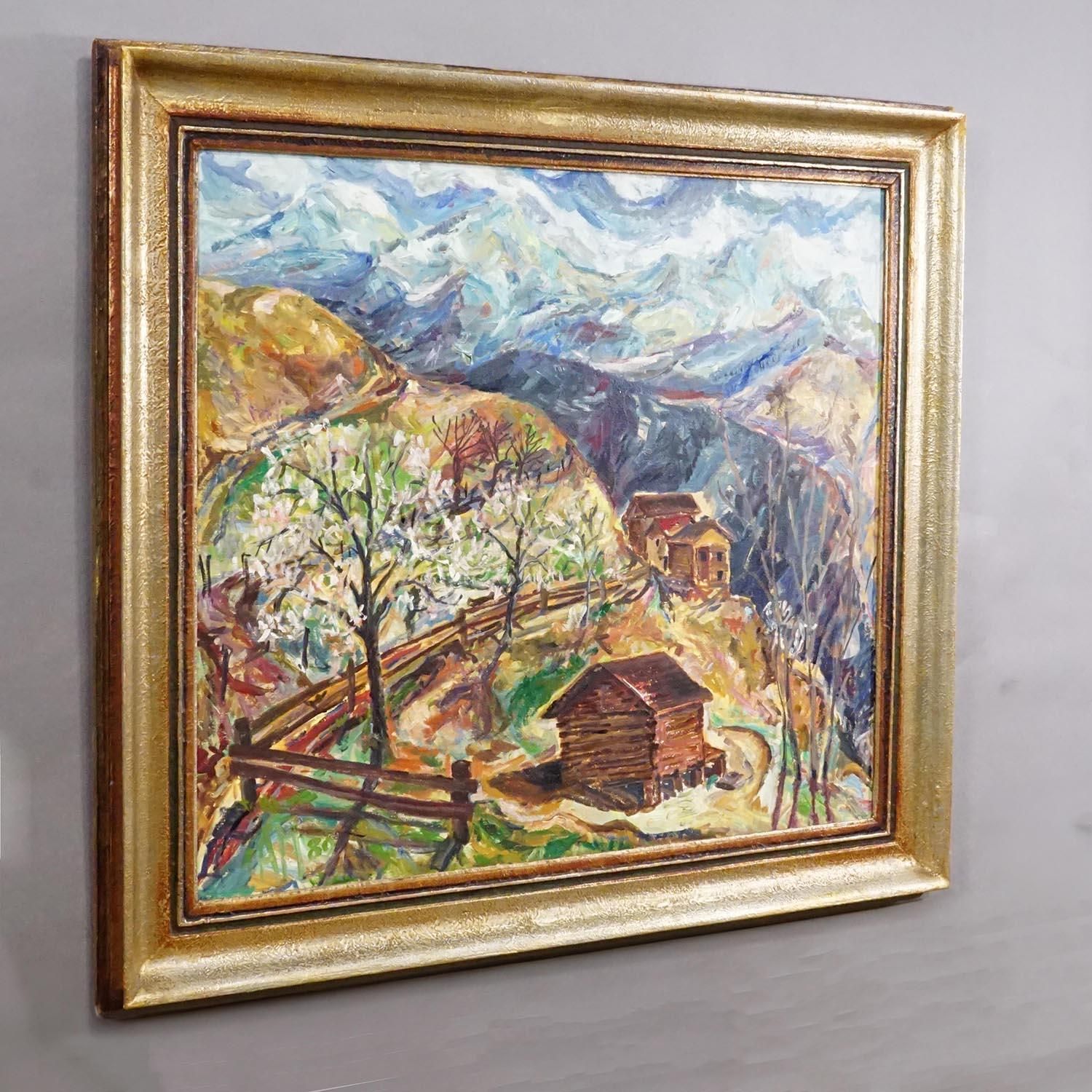 Alexander Michael Oil Painting – Mountain Huts, 1980 photo furniture