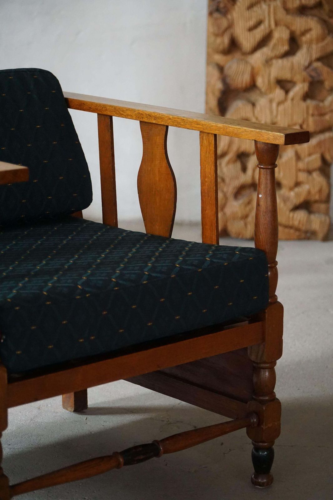 Art Nouveau, Pair Of Lounge Chairs In Oak, Reupholstered In Style Fabric, 1920s photo vintage