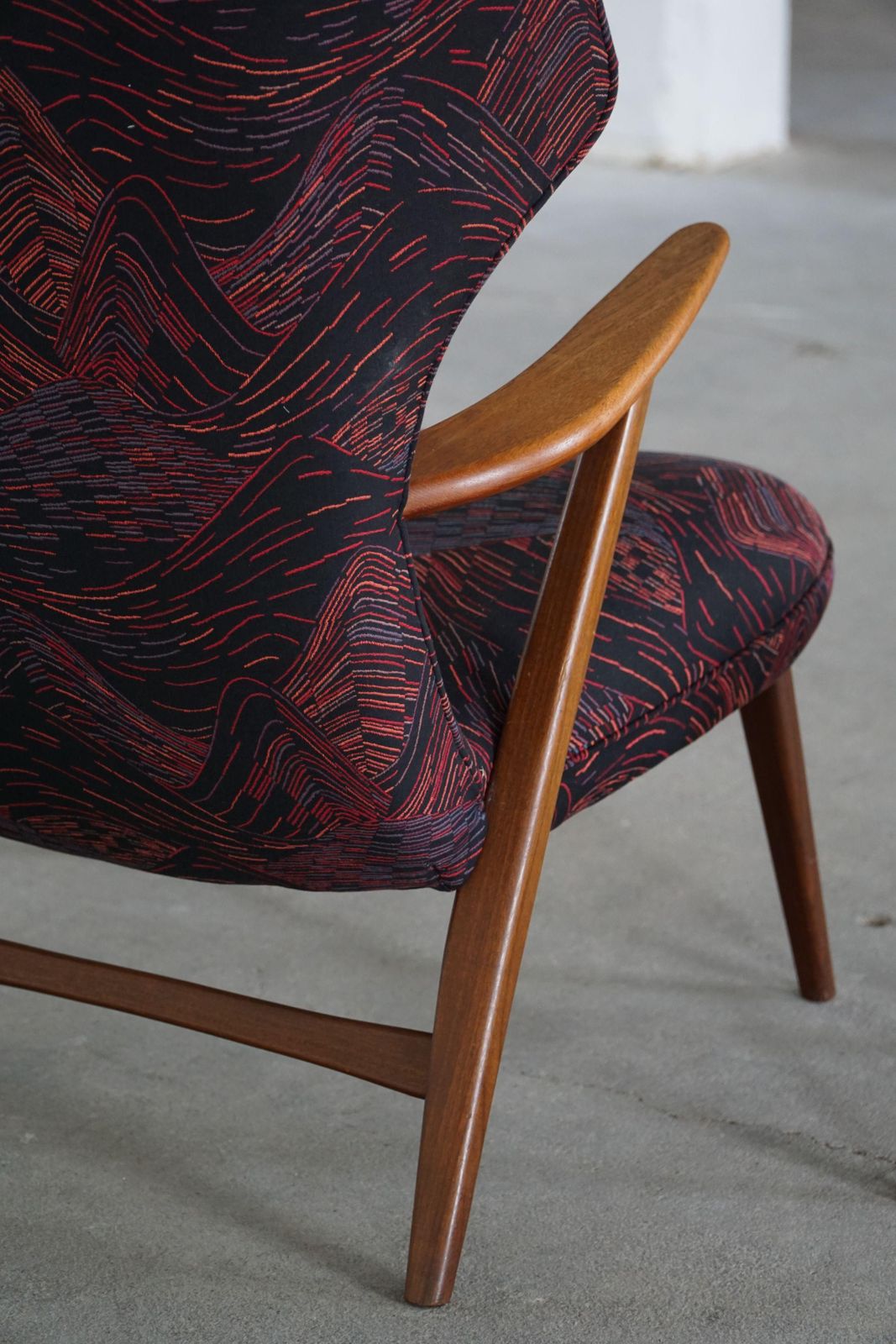 Madsen & Schubell, Wingback Lounge Chair & Stool In Teak, Reupholstered, 1950s photo for sale