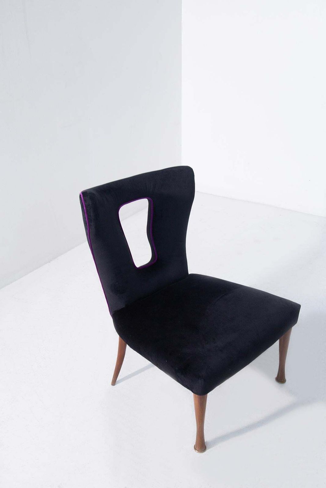 Italian Vintage Armchairs Pair In Black Velvet, Wood And Brass photo for sale