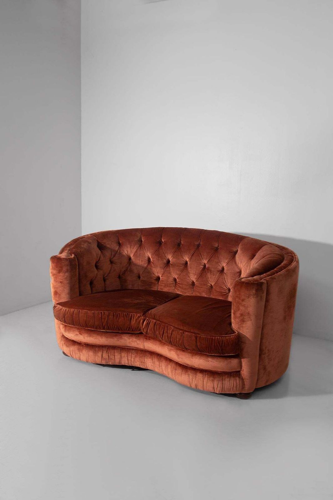 Pair Of Italian Sofas In Orange Capitonné Velvet In Art Deco Style photo furniture