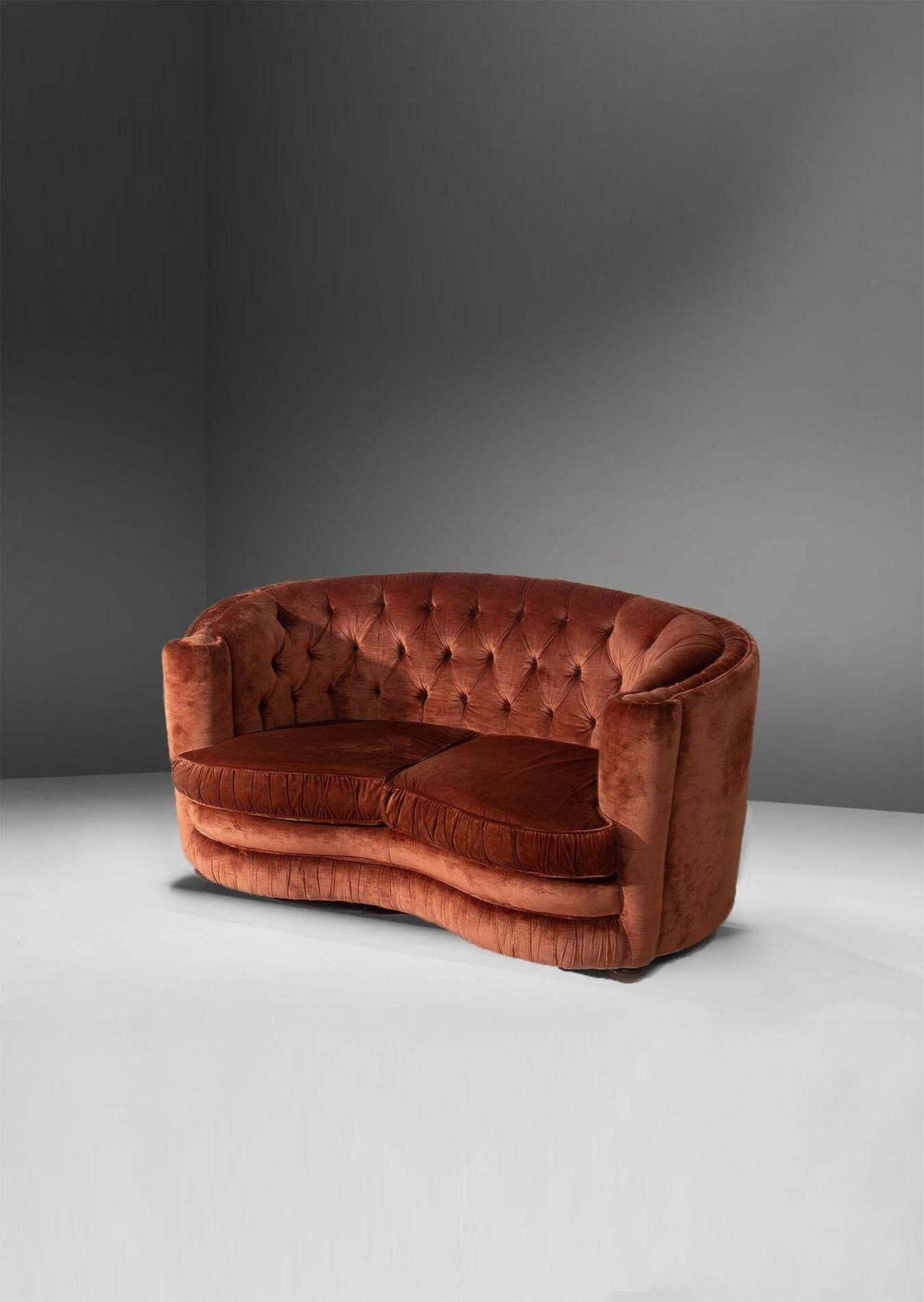 Pair Of Italian Sofas In Orange Capitonné Velvet In Art Deco Style photo for sale